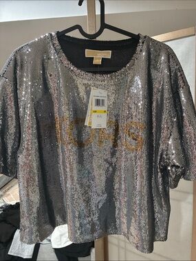MICHAEL Michael Kors Silver Sequin Short-Sleeve Tee with Gold Logo Accent